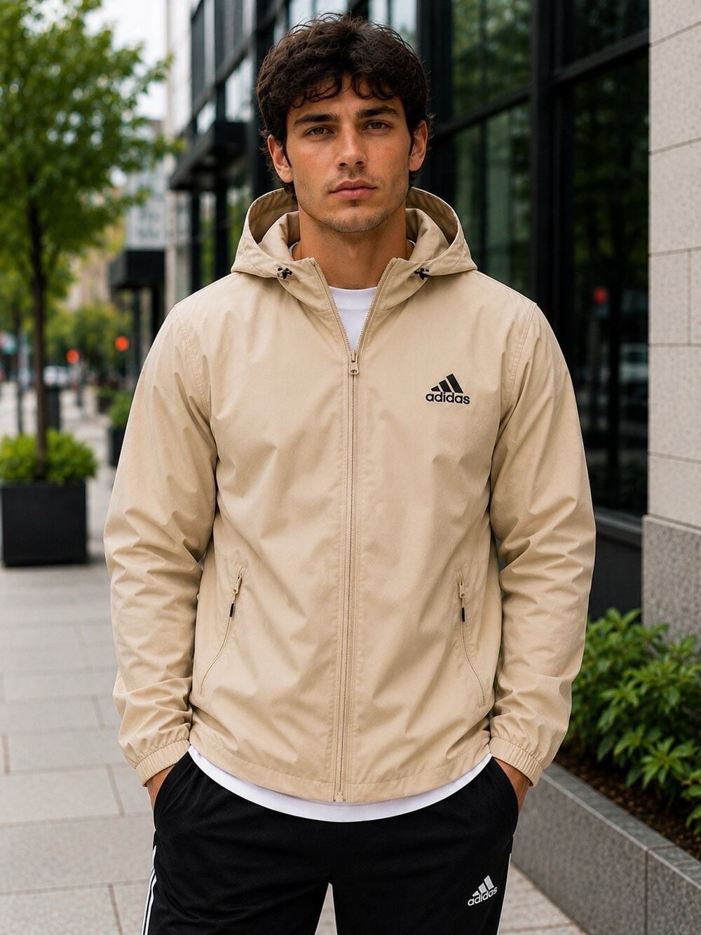 Adidas Primegreen Hooded Windbreaker Jacket Beige Tan Men’s Medium Full Zip
